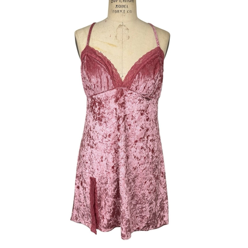 Crushed Velvet Lace Mini Dress L Dusty Rose Sexy Babydoll Fairy Grunge‎ Festival